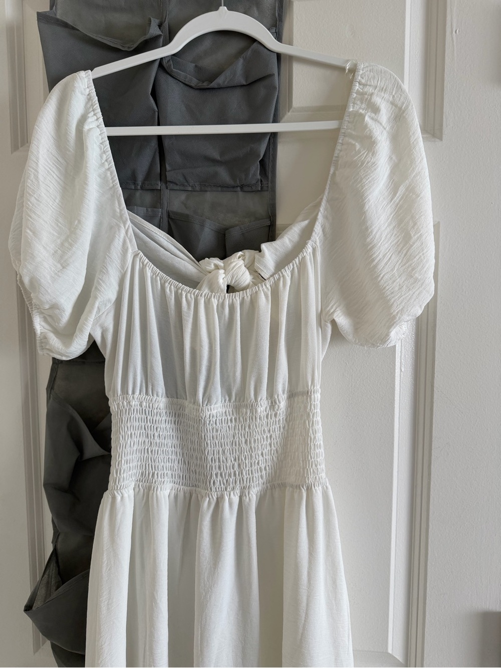 White Puff Sleeve Smocked Midi Dress
